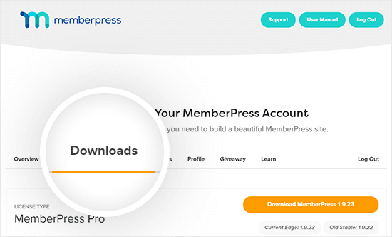 MemberPress 帐户下载选项卡